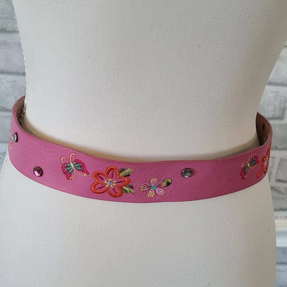 Childrens Place Pink Embroidered Leather Belt Brass Buckle